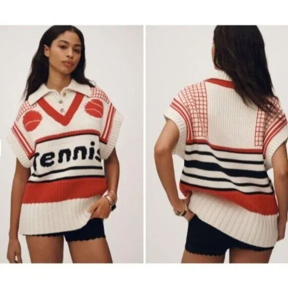 Anthropologie Tennis Short Sleeve V Neck Sweater XL - Picture 1 of 4